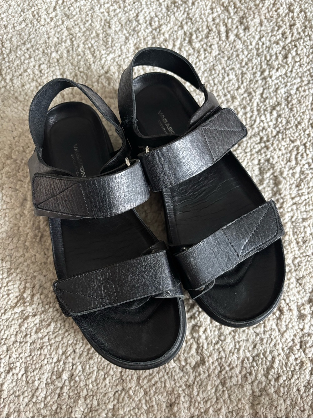 Vagabond Black Leather Velcro Strap Sandals